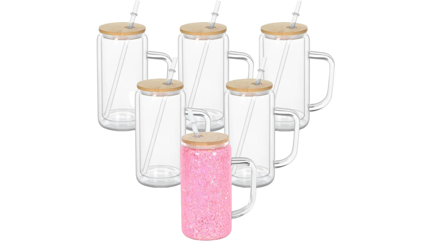 Glass snow globe tumbler cup/mug with wooden lid and straw.